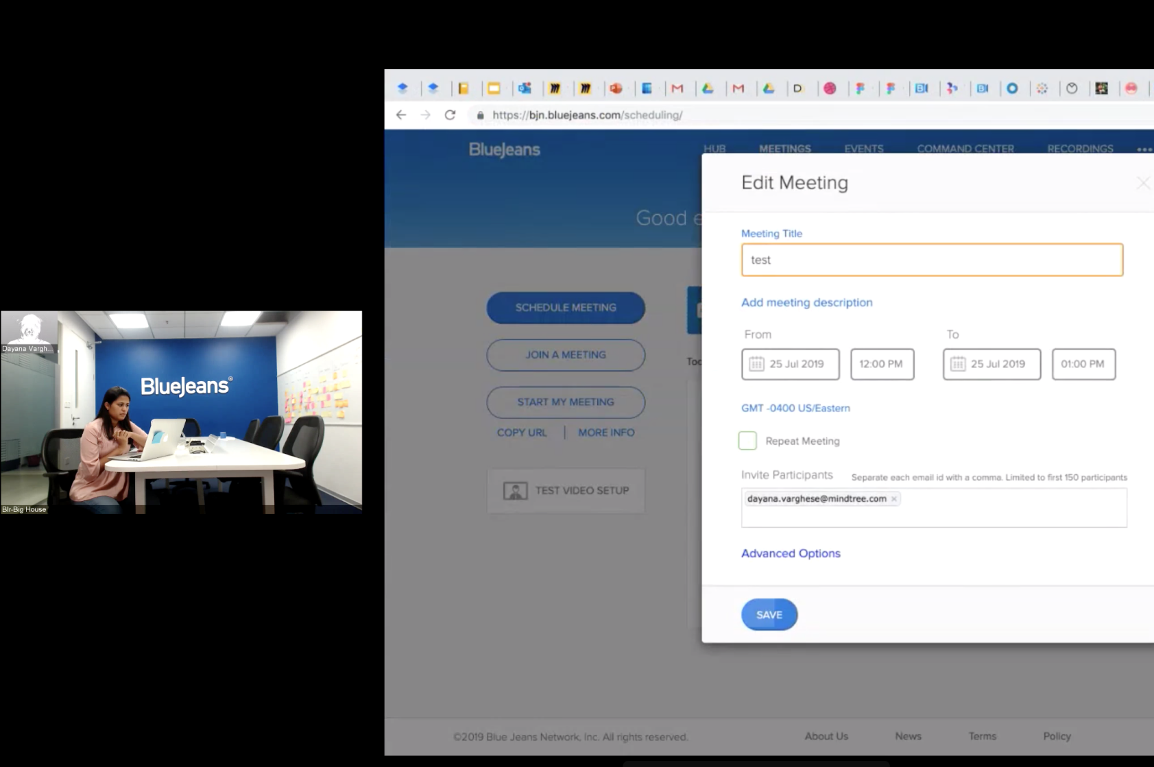 Participant scheduling a meeting from BlueJeans Webapp